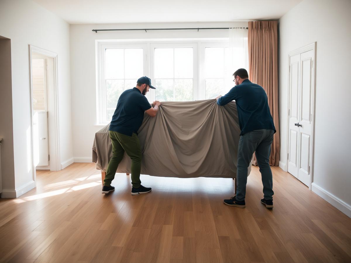 Movers wrapping a sofa in protective blankets